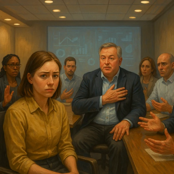 A diverse group of people in a meeting, showing various emotions.